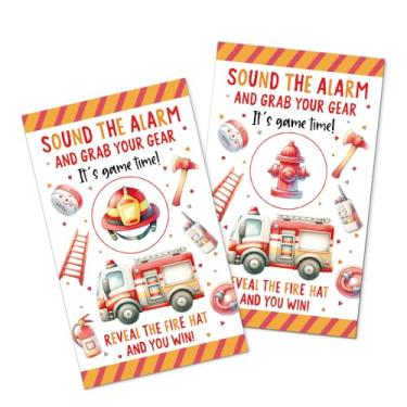 Imagem de SRWNFOS 50 peças It's Game Time Grab Your Gear Scratch Off Game, cartão engraçado de raspar caminhão de bombeiros para festa de aniversário, artigos de festa de chá de bebê para bombeiros, presentes