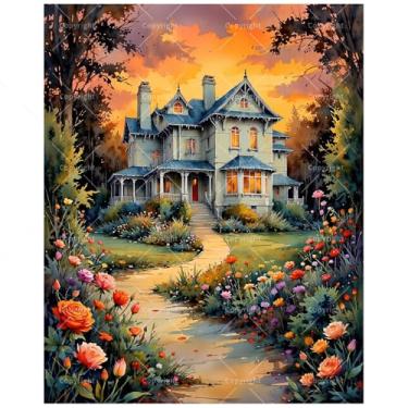 Imagem de TAOPAOLAB Kit de pintura de casa vitoriana por números para adultos – DIY Garden Path at Sunset Painting on Canvas 20 x 30 cm, conjunto de tinta acrílica emoldurada, adequado para iniciantes, arte