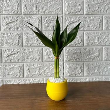Imagem de Bonsai Decorativo Artificial com Planta Artificial Tipo Bambu, Vaso de Planta Colorido para Decoração de Sala, Escritório e Ambiente Interno (Amarelo)