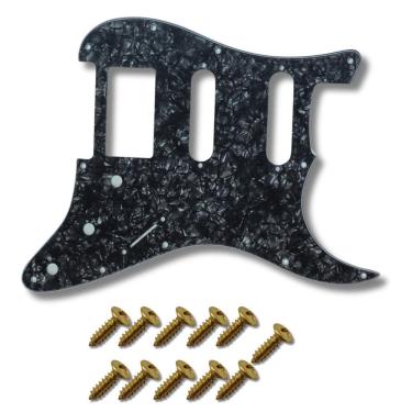 Imagem de Kit Escudo P Guitarra Strato Hss Bk Pr + 11 Parafuso Dourado