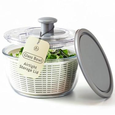 Imagem de Le'raze Girador de salada de vidro com tampa hermética – livre de BPA – Máquina de lavar alface fácil | Tigela de lavar frutas com coador | Limpador de vegetais | Vidro borossilicato de grande