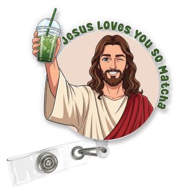 Imagem de ULTRAVUTT Carretel de crachá cristão engraçado, Jesus Loves You So Matcha, presente para amantes de Matcha, porta-identidade de acrílico retrátil para enfermeiros, professores e funcionários de