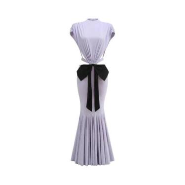 Imagem de Vestido Maxi Branco E Roxo Sem Costas Com Laço E Renda, Sem Mangas, El