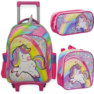 Imagem de Kit Mochila Rodinha Lancheira Estojo Escolar Infantil Menina Unicórnio Rainbown rosa Yepp-Feminino