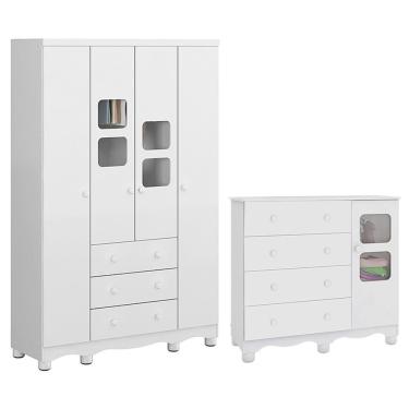 Imagem de Jogo De Quarto Infantil Uli Guarda Roupa 4 Portas E Cômoda Branco Brilho - Móveis Peroba