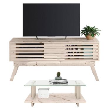 Imagem de Rack Bancada Com Mesa De Centro Frizz 1.5 Calacata Off White - Madetec