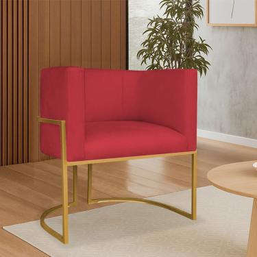 Imagem de Poltrona Dália Luxo Moderna Estofada Design Sofisticado Com Base De Ferro Dourado Suede Vermelho