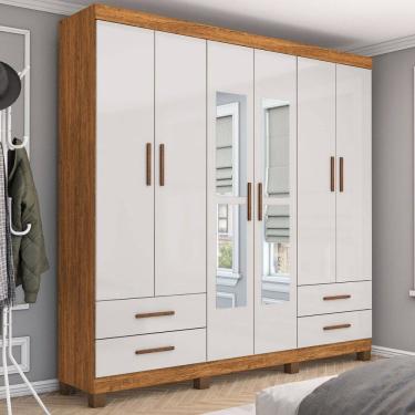 Imagem de Guarda-Roupa Casal Mondo 6 Portas 4 Gavetas com Pés e Espelho Cinamomo/Off White - Pnr Móveis