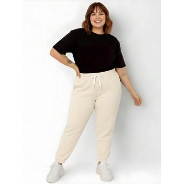 Imagem de Calça de Moletom Feminina Plus Size Jogger Tecido Flanelado com Bolso Creme-Feminino