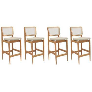 Imagem de Banqueta Cozinha Liz 1BMM009CA Premium Madeira Maciça Kit 4 Un Carvalho/Linho Bege Argila/Tela Bege - Kappesberg