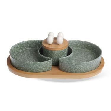 Imagem de Conjunto 2 Petisqueiras com Pegadores em Porcelana Verde Estilo Granito com Tábua em Bambu LH0080 BTC