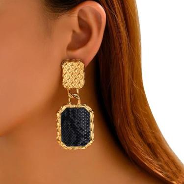 Imagem de Brinco Feminino Delicado Quadrado Luxo Dourado Textura Preto - anjo da
