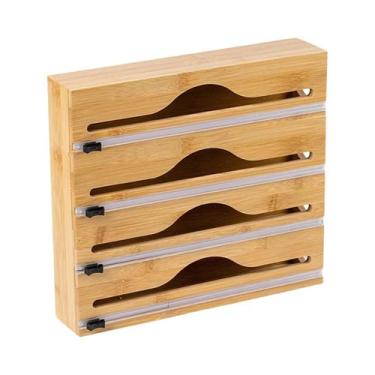 Imagem de Dispensador De Papel Toalha De Bambu Com Cortador De Papel Alumínio E 