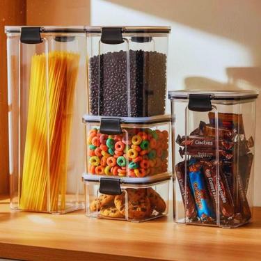 Imagem de Kit 5 Potes Herméticos Acrilico Mantimento Quadrado Com Travas Laterai