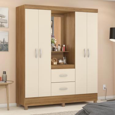 Imagem de Guarda Roupa Solteiro com Espelho e Pés 4 Portas 2 Gavetas Lord Capelinha Demóbile - Amendoa/Off White