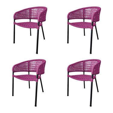Imagem de Kit 4 Cadeiras Sol Corda Náutica Base Em Alumínio Preto-rosa