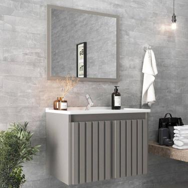 Imagem de Armário de Banheiro Barra 60 Cm 2 Portas com Espelho 100% Mdf Ripado Cimento - Belizze...