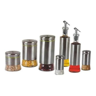 Imagem de Conjunto Galheteiro 7 Peças Aço Inox Vidro Modelo Decorativo - WINCY