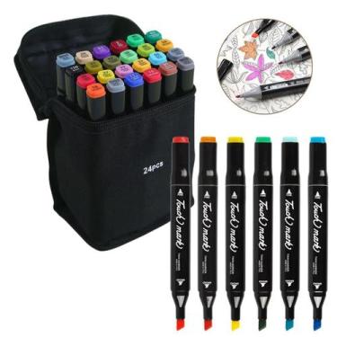 Imagem de Kit Canetinha 24 Cores Com Estojo Canetas Marcador Ponta Dupla - Kit C