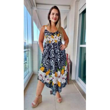 Imagem de Vestido Feminino Indiano Alça c/ Regulagem e Bolsos Trapézio Plus Size