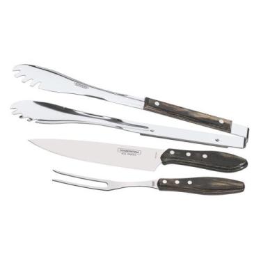 Imagem de Kit para Churrasco Polywood Castanho com 3 Peças em Inox - TRAMONTINA 