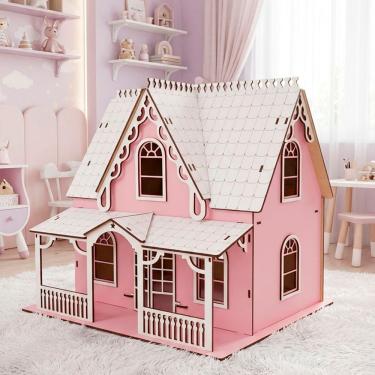 Imagem de Casinha de Boneca Casinha de Boneca Miniatura em MDF Rosa e Branco 35CM