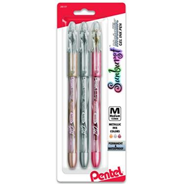 Imagem de Pentel Sunburst Caneta de gel metálico, linha média, permanente, dourada, prata, bronze, pacote de 3 (K908MRBP3M)