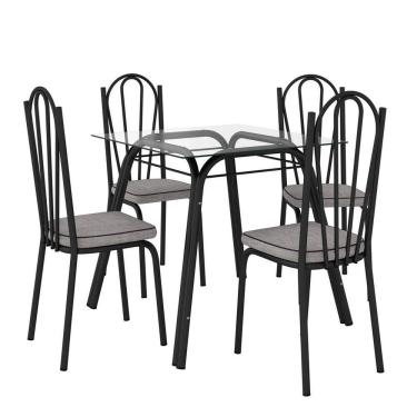 Imagem de Conjunto de Mesa Lotus SF Preto Vidro Incolor De 75 cm Com 4 Cadeiras 121 Preto Assento Platina Artefamol