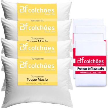 Imagem de Kit 4 Travesseiros Fibra Siliconada Antialérgico 45x65cm + 4 Capas Impermeável - BF Colchões