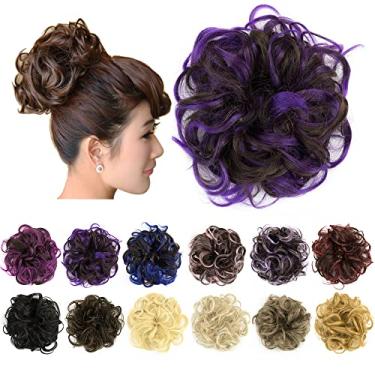 Imagem de IMISSU 2PCS de cabelo bagunçado coque updo scrunchies falsos rabo de cavalo extensão de cabelo ondulado encaracolado chignon faixa de cabeça para meninas (2PCS Violeta Marrom)