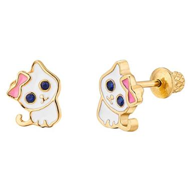 Imagem de Brincos de gatinho banhados a ouro 18 quilates, hipoalergênicos para crianças, bebês, crianças, meninas com haste de aço cirúrgico para orelhas ultra sensíveis com parafuso de segurança seguro