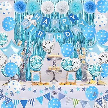 Imagem de Decorações de aniversário, decorações de festa de aniversário azul com flores de pompom de tecido, banner de feliz aniversário, balões de confetes, cortina de franjas, artigos de festa de feliz aniversário para homens, mulheres, meninos e meninas - azul claro e branco