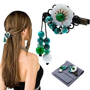 Imagem de Clipe de cabelo retrô de pedra preciosa natural, acessórios de cabelo vintage chinês para mulheres, broche de cabelo de flor de Hanfu com borla, joia de calcedônia de esmeralda verde para vestido tradicional chinês