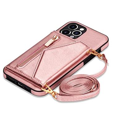 Imagem de Carteira com zíper para iPhone 14 13 12 Mini 11 X XR XS Pro Max 7 8 Plus Case com alça de cordão de cartão Capa de couro transversal, rosa, para iPhone 13Pro Max