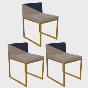 Imagem de Kit 03 Cadeira Office Lee Duo Sala de Jantar Industrial Ferro Dourado Sintético Bege e Azul Marinho - Ahazzo Móveis