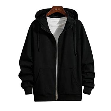 Imagem de Moletom com capuz masculino jaquetas leves manga longa com zíper moletom suéter tops, preto, G