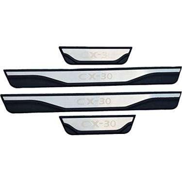 Imagem de GZBFTDH Protetor de placa de desgaste do peitoril da porta do carro, compatível com Mazda CX-30 2022 2023, guarnição de proteção de entrada de porta de peças de aço (com logotipo CX-30 - carbono)