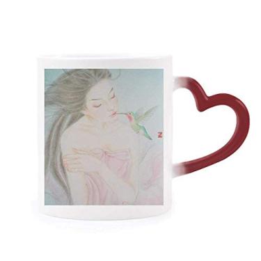 Imagem de Caneca de grés de beleza com pássaro estilo chinês aquarela sensível ao calor muda de cor vermelha