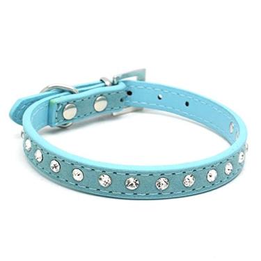 Imagem de Dog Kingdom 25,4 cm - 41,9 cm comprimento total camurça pele joia strass coleira para cães de estimação diamantes de cristal brilhantes cravejados couro filhote cão gato coleira azul PP