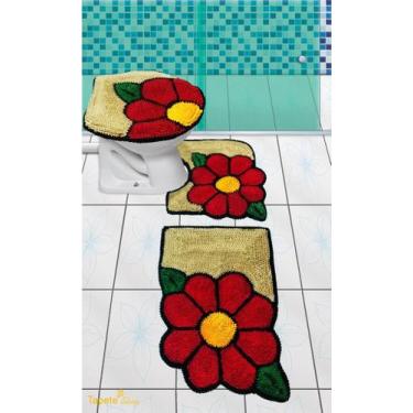 Imagem de Jogo De Tapetes Para Banheiro Flores Vermelhas Com Bege Frufru - Tapet
