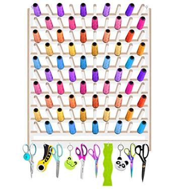 Imagem de Porta Fio 100 Cones Linhas Suporte De Madeira Organizador De Tesoura