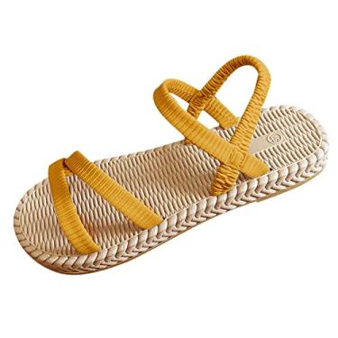 Imagem de CsgrFagr Sandálias femininas de bico fechado em S sem salto com faixa elástica casual boêmia sandálias de praia sandálias deslizantes para, Amarelo, 7.5