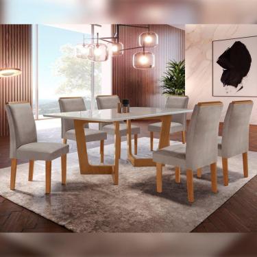 Imagem de Conjunto Sala De Jantar Nápoles Tampo Vidro/MDF com 6 Cadeiras Luísa Smart Plus Cel Móveis Cinamomo/Off White/Marrom Claro
