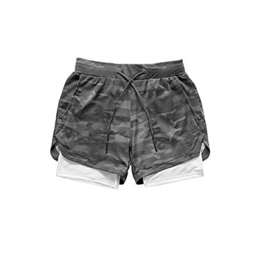 Imagem de Bestgift Shorts de corrida masculino esportivo casual ao ar livre cor sólida camada dupla respirável calças fitness, Camuflagem cinza, 4X-Large