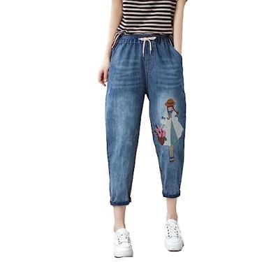 Imagem de Calça jeans feminina casual confortável bordado literário elástico cintura alta corte calças jeans calças jeans calças femininas, Branco, 1 Count (Pack of 1)