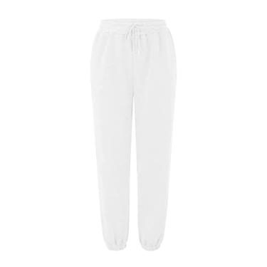 Imagem de STKOOBQ Calça de moletom feminina calça jogger de cintura alta para exercícios com bolsos calça jeans moderna, Branco, M