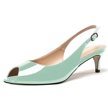 Imagem de WAYDERNS Sapatos femininos Peep Toe de couro envernizado com tira no tornozelo e salto baixo para mulheres bonitos sapatos sociais 5 cm, Turquesa, 12