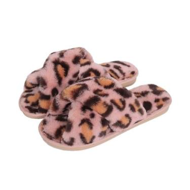 Imagem de Chinelos para meninas - Leopard Print Open Toe Warm Cross Band Slip em chinelos internos | Sapatos baixos de quarto de spa interno de lã peluda deslizam em chinelos para inverno, primavera e Fovolat
