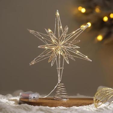 Imagem de Árvore de Natal Topper Hallow Wire Star, enfeites de Natal iluminados LED Tree Top Star Light, árvore de Natal alimentada por bateria explodindo decoração de estrela arte de ferro/503