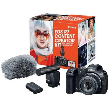 Imagem de Canon Kit de criação de conteúdo EOS R7, câmera vlogging sem espelho, 32,5 MP, vídeo 4K 60p, processador de imagem DIGIC X, RF-S18-45 mm F4.5-6.3 IS STM, microfone estéreo e bateria extra